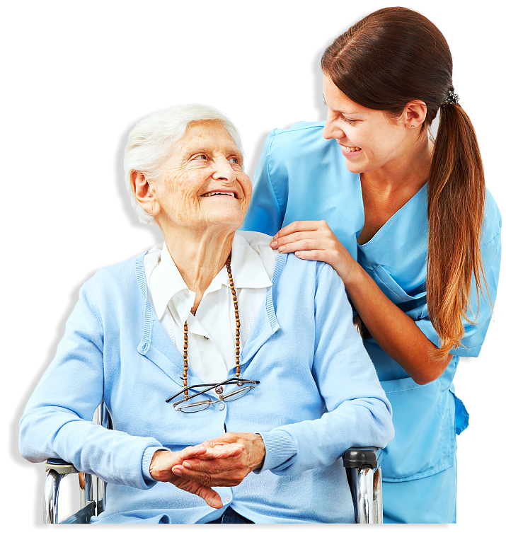 senior and nurse smiling each other